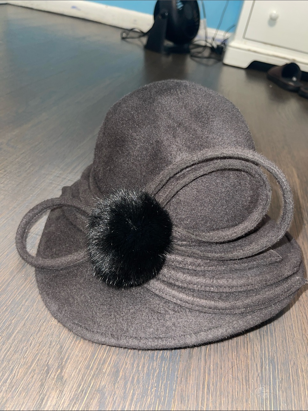 Black Wool Felt Cloche Hat with Faux Fur Pom Accent
